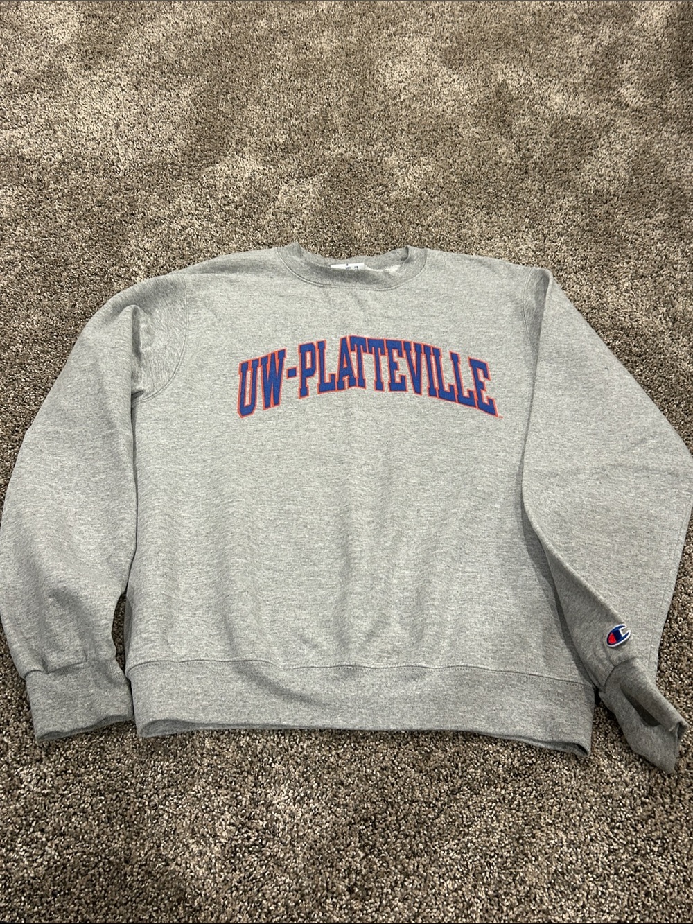 Champion Gray Crewneck with Blue and Red UW-Platteville Logo